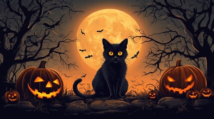 Spooky Halloween Night with a Black Cat and Pumpkins