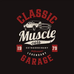 Obraz premium MUscle classic car vector tee shirt design template poster prints. american muscle legend garage cars illustration. superior performance.