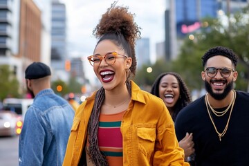 Diverse group of young Black individuals laughing and walking together in city street with modern urban backdrop. Friendship and city life concept