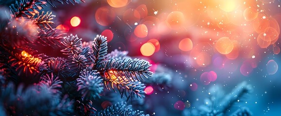 Close-up of a frosted pine branch with a bokeh background of colorful lights.