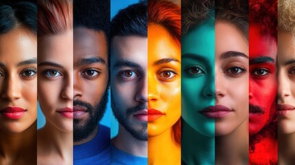 Faces of diverse individuals are separated by a line, showcasing vivid colors that emphasize cultural differences and social barriers. Generative AI