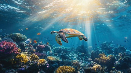 Fototapeta premium Sea Turtle Swimming in Coral Reef with Sunlight
