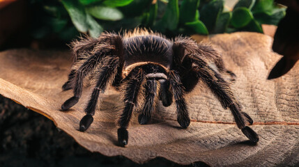 Super closeup macro photography of a black tarantula sranding on a dried leaf surrounded by foliage