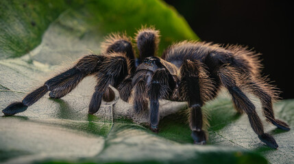 Super closeup macro photography of a black tarantula sranding on a leaf 