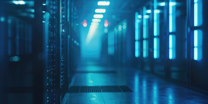 Server rack and storage array in a data center with a blurred blue-toned background.