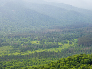 Fototapeta premium South Meadow Brook down in the valley with haze in the mountains seen from the summit of Mt. Van Hoevenberg, Lake Placid, Upstate New York.