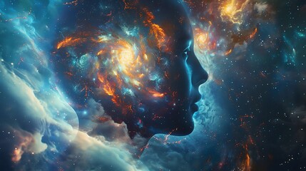 Obraz premium A cosmic silhouette of a human face merging with vibrant galaxies and nebulae, symbolizing the connection between mind and universe.