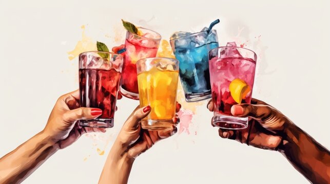Friends hands clinking glasses with cocktails on bright background for joyful celebration. Summer vibe