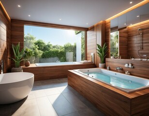 Fototapeta premium Diseño de interior minimalista de un baño grande, Diseño moderno de un cuarto de baño con tina 