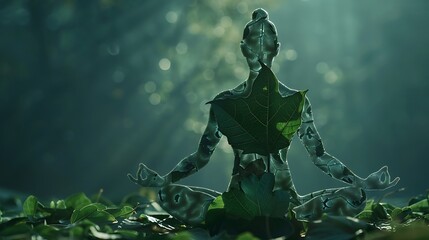 Fototapeta premium A serene figure meditating surrounded by leaves, symbolizing harmony with nature.