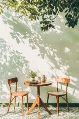 Wooden Patio Table and Chairs with Green Plants and Sunlight Shadows