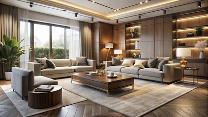 Fototapeta premium A luxurious Italian retreat harmonizes sleek lines, rich textures, and refined materials, exuding understated elegance and sophistication in a serene, exclusive atmosphere.