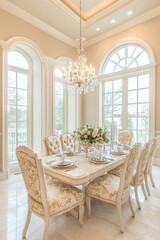 Elegant Dining Room with Crystal Chandelier and White Floral Centerpiece