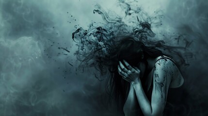 Fototapeta premium A somber figure with hands on head, surrounded by swirling dark smoke, evokes feelings of despair and introspection.
