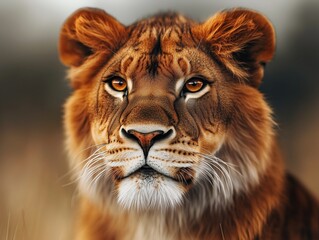 Fototapeta premium Lion, Panthera leo, in the African savannah with a sunset backdrop