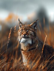 Majestic Black footed Cat, Felis nigripes, close up with warm tones in a grassy landscape