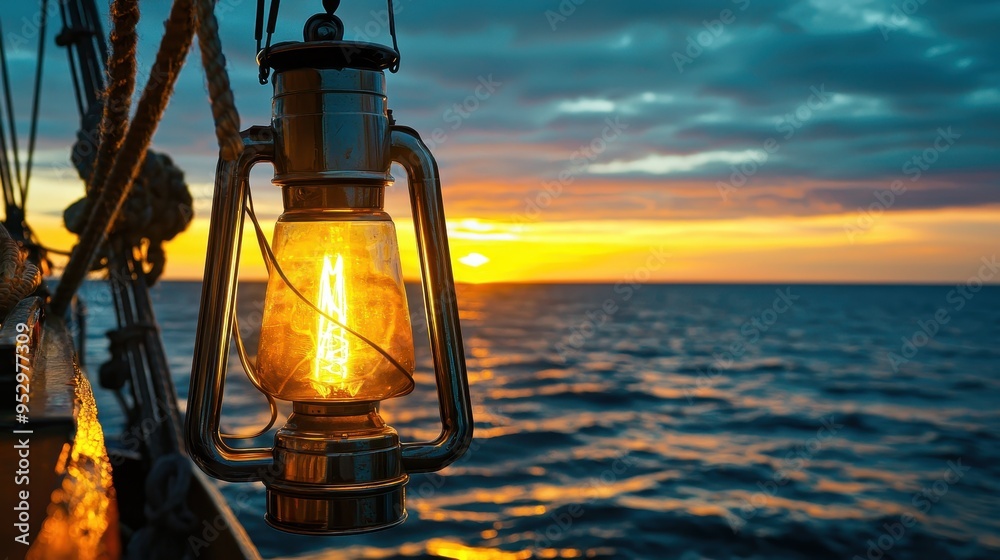 Poster Vintage Lantern on a Sailing Ship at Sunset