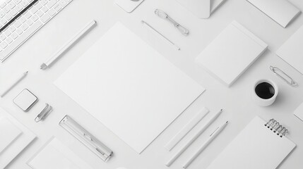 White Office Desk Mockup with Stationary and Coffee