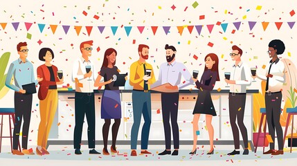 Obraz premium A festive gathering with diverse people celebrating, holding drinks, and surrounded by decorations.