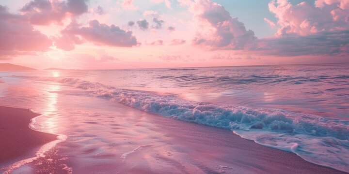 Deserted beach with serene ocean Soft pink sunset on tranquil evening