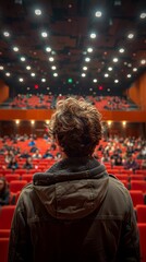 Obraz premium Audience View from Stage in Modern Theater with Bright Lighting and Red Seats