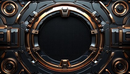 Black and Gold Circular Panel with a Grid Pattern