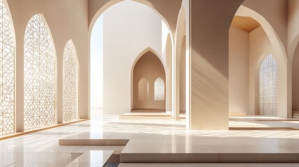 Fototapeta premium Sunlit interior with white arched doorways and geometric window designs