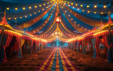 Vibrant Nighttime Carnival Scene with Illuminated Tents and Colorful Lights