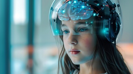A girl wearing a futuristic helmet with a digital brain interface, symbolizing advanced technology and cognitive enhancement.