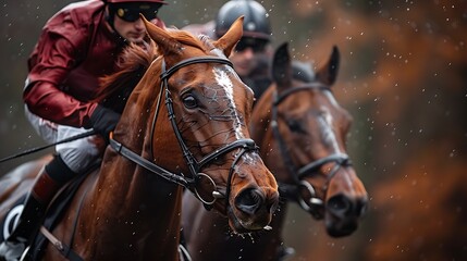 Two racehorses in full gallop, jockey in red jacket leading the way.