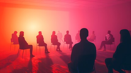 A group of silhouetted figures seated in a dimly lit room, suggesting a meeting or discussion.
