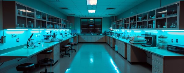 Fototapeta premium Modern Scientific Laboratory with Advanced Equipment and Blue Lighting for Research and Experiments