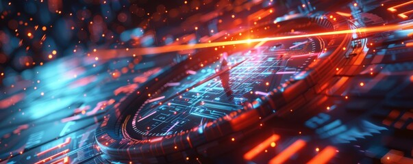 Futuristic Digital Interface with Glowing Elements and Circuit Board Design in High-Tech Environment