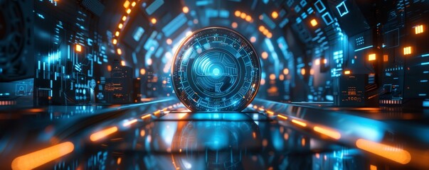 Futuristic Digital Interface with Glowing Lights and Circuit Patterns in a High-Tech Tunnel