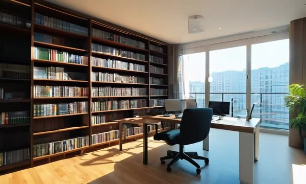 Modern office interior with furniture, empty room, desk, chairs, bookcase, library, business, work, study
