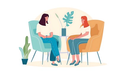 Two women sitting in colorful chairs, engaged in conversation with plants in the background.