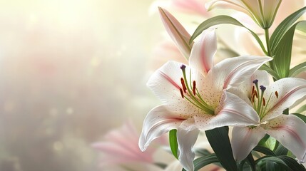 A bouquet of detailed lilies with a soft background, leaving space on the bottom for text, suitable for sympathy or get-well messages.