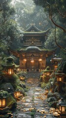 Fototapeta premium Enchanting Traditional Japanese Temple in a Mystical Forest with Lanterns and Stone Pathway