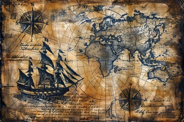 Fototapeta premium Vintage Nautical Map with Ships and Compass