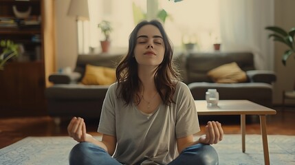Fototapeta premium A woman meditating in a cozy living room, promoting relaxation and mindfulness.