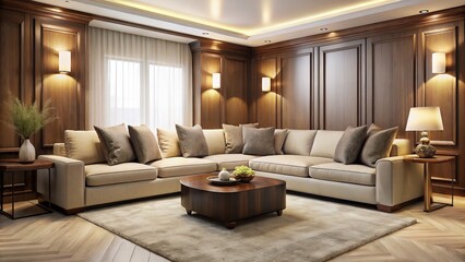 Dark walnut tones encase sleek lines, paired with cream-colored cushions and throw pillows, set against cream walls, bathed in soft box lighting with subtle warm gold accents.