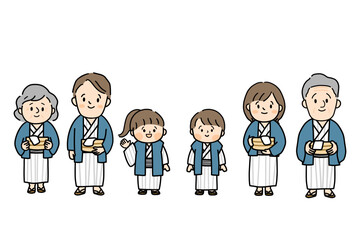 浴衣を着て温泉に行く笑顔の三世代家族