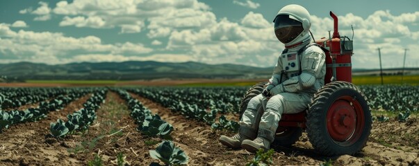 Obraz premium Astronaut in Full Space Suit Sitting on a Tractor in a Lush Green Farm Field Under a Clear Blue Sky