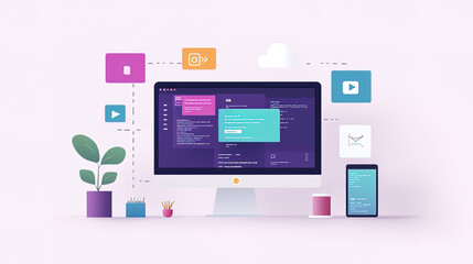 A computer screen with program codes, surrounded by various app icons and clouds, concept of coding procedure