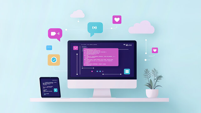 A computer screen with program codes, surrounded by various app icons and clouds, concept of coding procedure