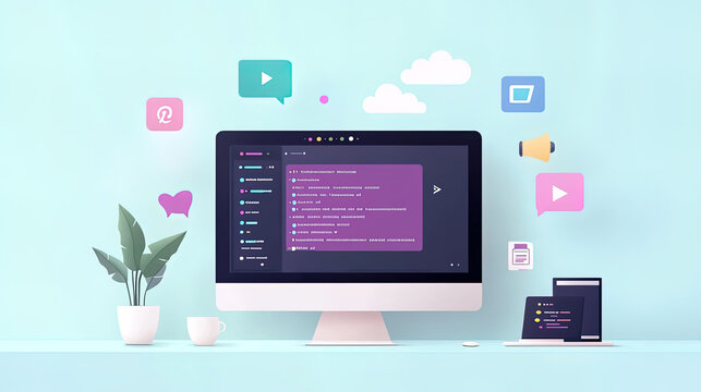 A computer screen with program codes, surrounded by various app icons and clouds, concept of coding procedure