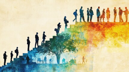 Fototapeta premium Silhouettes of people ascending a staircase symbolizing growth, progress, and teamwork. Watercolor background with vibrant colors.