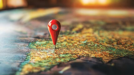Red pin marker on a world map.  Concept of travel, destination, and exploration.