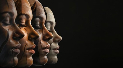 A series of stylized human faces in profile, showcasing diverse textures and colors against a dark background.