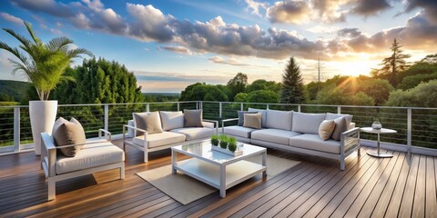Fototapeta premium Elegant afternoon glow bathes plush outdoor furniture, seamlessly integrating sleek lines with natural surroundings, evoking warmth, serenity, and exclusivity among lush greenery.